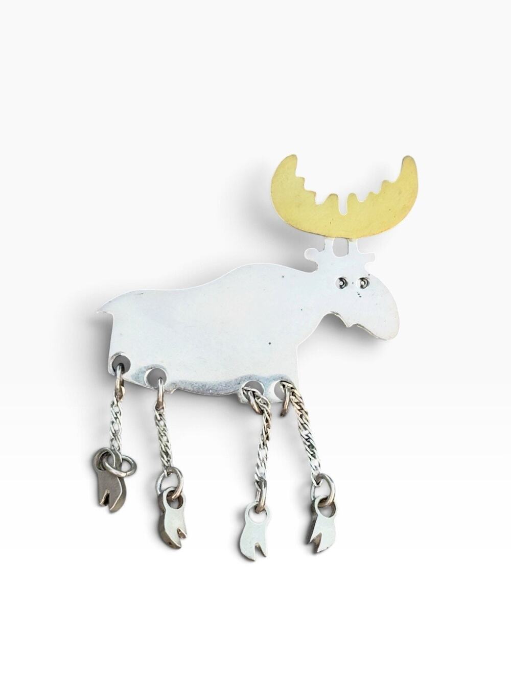 Vintage Sterling 925 Pin 2 Tone Moose Dangling Hooves Brooch 15.6g Mexico (116)